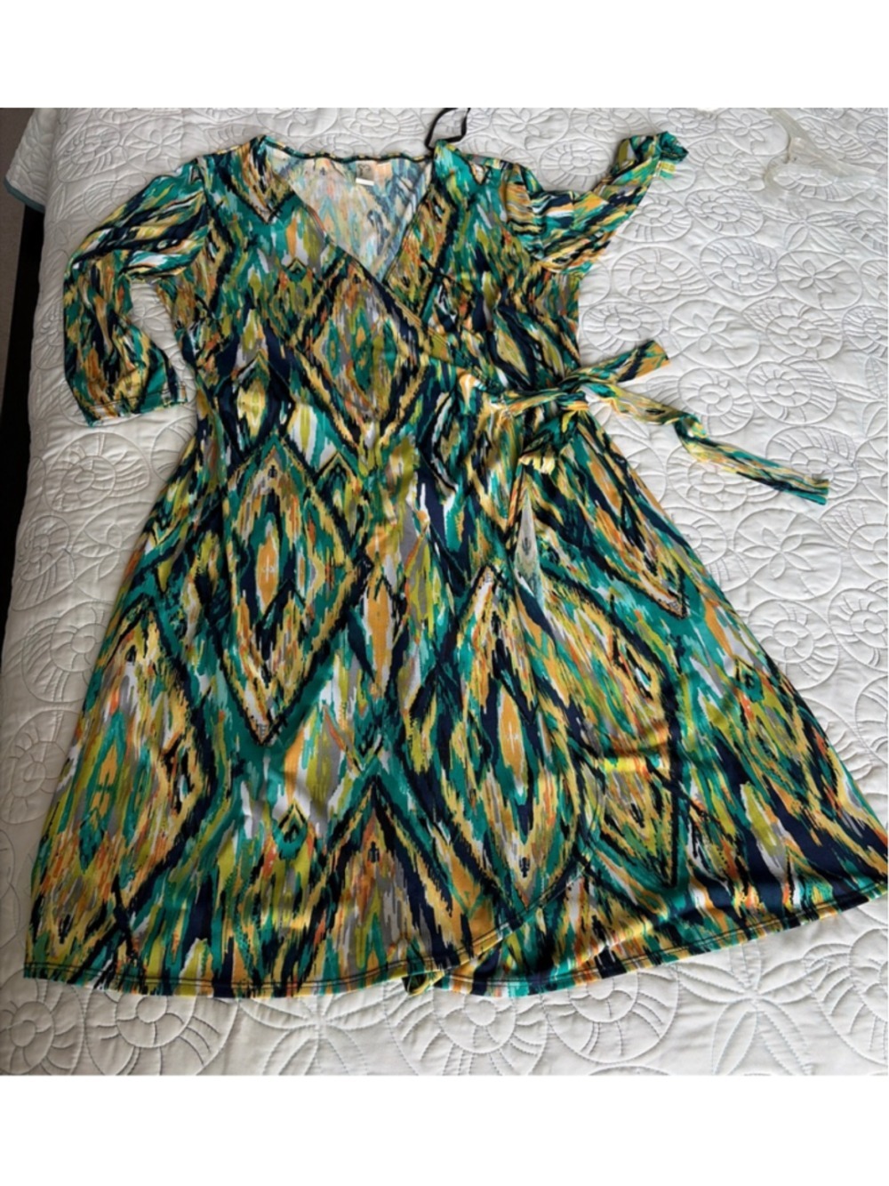 Women's Emma & Michele Green Yellow Abstract Long Sleeve Wrap Dress M #0061 - Picture 7 of 7